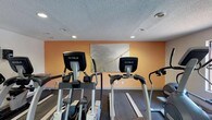 This fitness center is a dedicated exercise facility designed to accommodate a variety of cardio-focused workout routines. The space features professional-grade TRUE-brand elliptical trainers and treadmills, positioned to allow comfortable use and ample personal space between equipment. The flooring consists of dark, low-pile carpet suited for gym use, while the textured ceiling houses recessed lighting that evenly illuminates the room. The walls are painted in a warm, energizing orange tone that contributes to an active and motivating atmosphere. A large decorative wall canvas depicting a suspension bridge in a misty landscape serves as a focal point, adding a sense of depth and visual interest to the space. Additional workout equipment, including what appears to be a weight bench, is visible along the perimeter of the room. The overall layout is clean and organized, making efficient use of the available floor space. The single-floor facility is straightforward in its design, prioritizing functionality and accessibility for users seeking a focused, no-frills exercise environment.