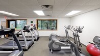 This fitness center is a comprehensively equipped single-floor facility designed to support a wide range of workout routines. The space is organized into distinct functional zones, each tailored to a specific type of exercise. The cardio area features multiple treadmills, elliptical trainers, and a recumbent stationary bike, all arranged to maximize floor space and usability. A wall-mounted flat-screen television is positioned for easy viewing during cardio sessions.

The strength training section includes a multi-function cable machine, adjustable weight benches, and a dumbbell rack with a full set of free weights. Rubber floor mats provide traction and protection in these high-use zones. A large wall mirror expands the visual depth of the space and allows users to monitor their form. Additional accessories such as stability balls, resistance equipment, and a storage rack round out the offerings.

The facility features a drop ceiling with recessed panel lighting that provides even, consistent illumination throughout. Carpeted flooring covers the general circulation areas, while rubber matting is used beneath equipment. Windows along one wall allow natural light to enter and offer views of surrounding greenery. A water fountain and open shelving unit are also present, adding everyday convenience to the space.