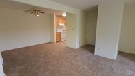 This single-floor space presents a clean, functional layout designed for comfortable everyday living. The main living area is generously sized, featuring wall-to-wall neutral carpeting that adds warmth underfoot. A ceiling fan with a light fixture is centrally mounted overhead, providing both air circulation and ambient lighting to the room. The walls are finished in a soft, light neutral tone, contributing to a bright and airy atmosphere. A closet with a standard door is conveniently located along one wall of the living area, offering practical storage solutions.

The living space opens directly into the kitchen through a wide, open passageway, creating a connected flow between the two areas. The kitchen features a tile or hard-surface floor, warm wood-toned cabinetry, and white appliances including a range and oven. An under-cabinet range hood is installed above the stove, and overhead lighting keeps the kitchen well-illuminated. The cabinetry provides ample storage and workspace for meal preparation. Overall, the space maintains a straightforward, practical aesthetic with neutral finishes that offer a versatile foundation for personalization.
