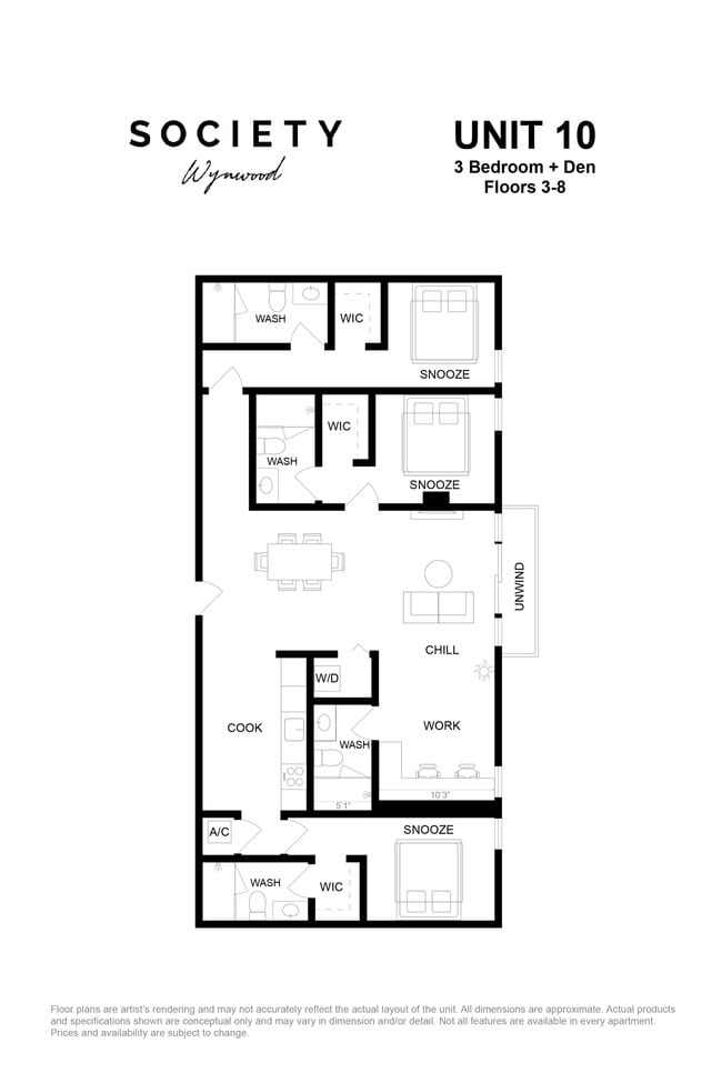 3 habitaciones - Unidad 10 - Pisos 3-8 - Society Wynwood