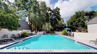 This outdoor pool area offers a welcoming and well-maintained recreational space designed for relaxation and leisure. The centerpiece is a generously sized swimming pool with striking blue tile accents and crystal-clear turquoise water, with a clearly marked shallow end for guest safety. The pool deck is finished in clean, light-colored concrete and is equipped with multiple lounge chairs and seating areas positioned along the pool's perimeter, providing ample space for sunbathing and socializing. A shaded seating area featuring a teal market umbrella offers a cool retreat from the sun. The space is framed by an abundance of mature trees, including a prominent palm, which create a lush, natural backdrop and contribute to a private, park-like atmosphere. Low-lying shrubs and greenery line the perimeter walls, adding to the landscaped aesthetic. Nearby building structures are partially visible through the foliage, suggesting the pool serves as a communal amenity within a larger complex. Overall, the space balances openness and natural enclosure, offering a serene and functional outdoor environment.
