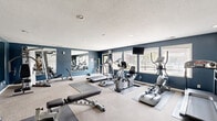 Located at 1100 Northlake Dr in Noblesville, Indiana, this well-equipped fitness center offers a comprehensive workout environment designed to support a wide range of exercise routines. The space is finished with bold navy blue accent walls, light neutral carpeting, and a textured ceiling with recessed lighting, creating a clean and energizing atmosphere.

The cardio zone is prominently featured along the windowed wall, where multiple treadmills, elliptical trainers, and a recumbent bike are positioned to take advantage of natural light from a row of large windows. A wall-mounted television provides entertainment during workouts. A large floor mat offers ample space for stretching and floor exercises.

The strength training area is equally well-appointed, featuring a multi-station cable machine, a dumbbell rack with a full range of free weights, and an adjustable weight bench. A large wall mirror enhances the sense of space while allowing users to monitor their form. A medicine ball rack rounds out the functional training options.

The entrance area features a charming white brick partition with built-in coat hooks and a bench, providing a welcoming transition point. Black-framed glass doors connect the fitness center to adjacent community spaces, contributing to its open and accessible design.