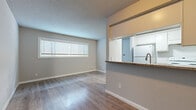 Located on Audley Street in Houston, TX, this single-story unit offers a well-organized layout with a clean, modern aesthetic throughout. The living area is bright and open, featuring light wood-tone laminate flooring, neutral gray walls, and a textured ceiling. A wide horizontal window allows natural light to fill the space, creating an airy feel. The flooring runs consistently through the main living and bedroom areas, contributing to a cohesive visual flow.

The kitchen is designed with a pass-through peninsula that connects it to the living area, topped with a dark granite-style counter that provides both workspace and a casual bar seating option. White cabinetry lines the kitchen walls with additional upper cabinetry above the pass-through, maximizing storage. The kitchen is equipped with white appliances, including a refrigerator and range, complemented by a subway tile backsplash and an undermount sink with a brushed nickel faucet.

The bedroom is a well-proportioned space with the same wood-tone flooring and includes a dedicated closet with built-in shelving. The bathroom features a full tub-shower combination with floor-to-ceiling wood-grain ceramic tile, accented by a mosaic tile inlay border, chrome fixtures, and a clean white basin and toilet.