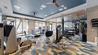 Located at 1701 Central Ave. in St. Petersburg, Florida, this fitness center offers a thoughtfully designed exercise space that balances functionality with modern aesthetics. The room features a striking geometric-patterned carpet in shades of blue, beige, and gray, lending a vibrant energy to the floor throughout the space. A bold, abstract mural anchors one wall, adding an artistic focal point that complements the contemporary design palette of deep navy-blue ceiling accents and warm wood-toned ceiling panels.

Ceiling fans and recessed lighting ensure the space remains comfortable and well-illuminated during any workout. Large floor-to-ceiling windows along the perimeter flood the room with natural light and provide open views of the surrounding streetscape, creating a bright and motivating atmosphere.

The facility is comprehensively equipped for a full-body workout, featuring multiple treadmills and stair climbers, cycling bikes, elliptical machines, a multi-station cable machine, and a dedicated free weights area with a full dumbbell rack and adjustable bench. Mirrors along the walls further enhance the sense of openness. The space also includes a restroom and waste disposal station for added convenience, making it a complete and polished fitness destination.