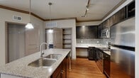 This single-floor residence offers a thoughtfully designed open-concept layout that seamlessly connects the kitchen and living areas. The living room is finished with rich hardwood flooring, crown molding, and a ceiling fan, while large windows invite generous natural light and views of the surrounding greenery. The kitchen serves as a central hub, featuring a granite-topped island with a double stainless steel sink, dark espresso cabinetry, a tile backsplash, stainless steel appliances, and pendant lighting complemented by a track lighting system overhead. An adjacent open shelving unit provides additional storage and display space. The bedroom is carpeted and bathed in natural light through a bank of three windows, also equipped with a ceiling fan for year-round comfort. The primary bathroom is finished with large-format tile flooring, an extended dual-sink vanity topped with granite, dark cabinetry, and direct access to a spacious walk-in closet outfitted with wire shelving on multiple levels. A dedicated laundry area accommodates a full-size washer and dryer with additional wire shelving above. Throughout the space, consistent use of crown molding, granite surfaces, and dark wood tones creates a cohesive and refined aesthetic.