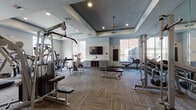 This fitness center is designed to accommodate a comprehensive range of workout routines within a thoughtfully arranged, single-level layout. The space features a distinctive tray ceiling with recessed lighting and a ceiling fan, lending an architectural elegance uncommon in typical gym environments. The walls are painted in a cool, neutral gray, and large windows on multiple sides allow abundant natural light to fill the room while providing views of the surrounding exterior.

Flooring throughout consists of durable, patterned carpet tiles in a neutral earth-tone palette, providing a practical and visually cohesive surface. Full-length mirrors along one wall visually expand the space and assist users with form during strength training.

The equipment selection is extensive and centers on Cybex-brand machines, including cable systems, weight machines, and benches for resistance training. A rack of dumbbells and a barbell station with weight plates support free weight workouts. Cardio equipment, including treadmills, a rowing machine, and stationary bikes, is positioned near the windows. A medicine ball rack and stability balls offer functional training options.

A wall-mounted flat-screen television serves as an entertainment focal point, and built-in cabinetry provides storage. The entry area includes posted fitness center guidelines and sanitation stations, emphasizing a clean and organized environment.