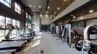 This two-story fitness facility in Vista, California is thoughtfully designed to accommodate a full range of workout experiences. The main gym floor features soaring double-height ceilings with exposed ductwork, dark charcoal walls, and striped multi-tone carpeted flooring that adds a modern, energetic aesthetic. A comprehensive selection of cardio equipment — including treadmills and ellipticals — lines the perimeter, with large windows offering views of palm trees and outdoor green space, allowing ample natural light to fill the room. Strength training equipment, cable machines, and a dumbbell rack are centrally positioned, complemented by a dedicated free-weight zone with dark concrete flooring and warm wood-paneled accent walls. A staircase leads to the mezzanine level, where a motivational marquee-style sign adds character to the upper cardio area. The second floor also provides an open balcony overlook of the main gym below, secured by sleek cable railings. A separate yoga and group fitness studio features teal-blue walls, large mirrors, cork flooring, a display screen for guided workouts, kettlebells, medicine balls, and yoga mats. The studio is bright and airy, with multiple windows and sheer curtains enhancing the calm, focused atmosphere ideal for group classes or individual training sessions.
