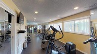 This fitness center is a fully equipped, single-floor exercise facility designed to support a comprehensive workout experience. The space is laid out in a long, open floor plan that maximizes the available area for a diverse selection of exercise equipment. The flooring consists of durable, dark rubber matting, ideal for supporting heavy equipment and high-impact activities.

The cardio section is well-stocked with multiple treadmills, elliptical trainers, and a recumbent bike, arranged in a row along one side of the room to encourage efficient use of space. Strength training equipment, including a multi-station cable machine and a weight bench with free weights, occupies the opposite end of the room, providing options for a full-body resistance workout.

A full-length mirror wall spans a significant portion of the room, visually expanding the space and allowing users to monitor their form during exercise. Natural light filters in through a series of large, horizontal windows fitted with vertical blinds along the exterior wall, creating a bright and open atmosphere. Recessed lighting in the textured ceiling provides consistent illumination throughout.

A wall-mounted flat-screen television is positioned for easy viewing from various points in the room, adding an entertainment option for users during workouts. The overall ambiance is functional, clean, and purpose-driven, making this fitness center a practical and well-appointed facility.