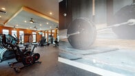 Located at 309 Mirrorton Ave in Lakeland, Florida, this fitness center is a fully outfitted, single-floor facility designed to support a comprehensive workout experience. The space is defined by its bold burnt-orange accent walls, speckled rubber flooring, and recessed lighting complemented by ceiling fans throughout, creating an energetic yet comfortable atmosphere.

The cardio zone lines the perimeter of large floor-to-ceiling windows, allowing abundant natural light and views of the surrounding palm-lined landscape. This area is equipped with multiple treadmills featuring interactive digital displays, ellipticals, a stair climber, and stationary spin bikes. A large-scale motivational mural of a barbell anchors one wall, setting an athletic tone from the moment you enter.

The strength training area includes a full rack of dumbbells, adjustable weight benches, cable machines, and a multi-functional strength station. Stability balls and functional training accessories are neatly stored nearby. Wall-to-wall mirrors expand the visual depth of the space and allow users to monitor their form during workouts.

Additional amenities include a bank of lockers for secure storage and mounted flat-screen televisions throughout the facility. The open, airy layout ensures ample room to move freely between equipment, making this fitness center a well-rounded and inviting space for all fitness levels.
