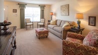 Located at 2540 Holly Point Blvd in Chesapeake, Virginia, this single-floor residence offers a well-organized and comfortable layout designed for everyday living. The open living room is generously sized, featuring plush wall-to-wall carpeting, a textured ceiling, and large windows that allow ample natural light to fill the space. It flows naturally into a dedicated dining area, highlighted by a pendant light fixture and warm neutral tones throughout.

The kitchen is equipped with oak cabinetry, dark countertops, and black appliances including a range, microwave, dishwasher, and refrigerator. Light tile flooring extends through the kitchen into a charming breakfast nook with windows and a back door providing direct outdoor access.

The primary bedroom is a spacious retreat with plush carpeting, a ceiling fan with light fixture, and a large window dressed with decorative valances. A second bedroom mirrors this comfortable aesthetic, offering bright windows with sheer curtains and soft carpeting. The bathroom features tile flooring, a walk-in shower with grab bars, a single-sink vanity with oak cabinetry, and built-in shelving.

Completing the home is a dedicated laundry room with side-by-side washer and dryer units and tile flooring, adding a layer of practical convenience to this well-appointed residence.