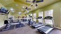This fitness center is a well-equipped, single-room exercise facility designed to support a well-rounded workout routine. The space is finished with bold chartreuse green walls that contribute to an energetic ambiance, complemented by neutral carpet flooring throughout the main exercise area and tile near the entryway.

Vaulted ceilings add a sense of openness to the room, enhanced by multiple ceiling fans that promote air circulation during workouts. Recessed lighting, combined with an abundance of natural light streaming through large, multi-pane windows along one wall, keeps the space bright and inviting. The windows also offer views of surrounding greenery, adding a refreshing outdoor connection.

A full-length mirrored wall runs along one side of the room, visually expanding the space and providing functional feedback for exercisers. Cardio equipment includes multiple treadmills and an elliptical trainer, all positioned to face the windows. The free weights area features two well-stocked dumbbell racks with a range of weights, kettle bells, a weight bench, and a recumbent bike. A wall-mounted television and a vending machine round out the amenities. The entryway connects to an adjacent corridor through a classic paneled door with a glass-paned sidelight, adding architectural charm to this practical and functional space.