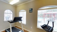 This single-floor fitness center offers a bright and functional workout environment designed to support an active lifestyle. The space is finished with warm neutral-toned walls, white crown molding, and hardwood-style flooring, giving it a clean and welcoming aesthetic that sets it apart from a typical gym setting.

Natural light fills the room through multiple arched windows dressed with white horizontal blinds, providing both ventilation and views of the surrounding outdoor area, including a glimpse of a pool. The arched window detailing adds a subtle architectural charm to what might otherwise be a purely utilitarian space.

The fitness center is equipped with cardio machines, including a treadmill prominently positioned near the windows to take advantage of the natural light and outdoor views. White baseboards and crisp trim throughout contribute to the tidy, well-maintained atmosphere of the room.

A posted notice on the wall suggests this is a shared or community fitness facility, complete with posted rules and guidelines for users. Overall, the space strikes a balance between practical fitness functionality and comfortable, polished interior finishes, making it an inviting place for residents or guests to exercise in a pleasant, light-filled environment.