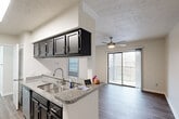 Located at 3900 Crosby Dr in Lexington, KY, this well-appointed one-bedroom, two-bathroom residence offers a smart and functional layout across a single floor. The open-concept kitchen serves as the heart of the home, featuring dark cabinetry, granite countertops, a stainless steel sink, and a full suite of stainless steel appliances including a refrigerator, electric range, and built-in microwave. A peninsula counter connects the kitchen seamlessly to the living area, which is finished with wood-style plank flooring and accented by a ceiling fan. A sliding glass door floods the space with natural light and opens onto a private balcony with outdoor views. The bedroom is carpeted for comfort, complete with a large window allowing ample natural light and a mirrored sliding-door closet. Two bathrooms serve the unit — one featuring a full tub/shower combo with white tile surround, and the other offering a vanity with granite countertop and dark cabinetry consistent with the kitchen's design. Textured ceilings and neutral wall tones throughout give the space a clean, cohesive feel. A dedicated closet provides additional storage.