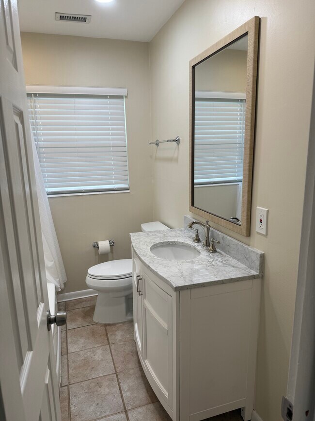 Downstairs bathroom with shower/tub, good storage under sink. - 701 Oak Ave
