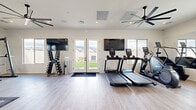 This single-floor fitness center at Canopy at Pasience offers a thoughtfully designed workout space with a bright, open layout and modern aesthetic. The interior features light wood-look flooring throughout, crisp white walls, and recessed lighting complemented by multiple large ceiling fans that ensure comfortable air circulation during workouts.

The cardio zone is well-appointed with multiple treadmills, elliptical trainers, upright and recumbent bikes, and a rowing machine, several of which are positioned in front of wall-mounted flat-screen TVs for entertainment. French doors along one wall invite natural light and provide views of the outdoor greenery. The strength training area includes a multi-functional cable and power rack system, an adjustable weight bench, kettlebells, medicine balls, and a full dumbbell rack with a wide range of weights.

A large floor-to-ceiling mirror along one wall visually expands the space and supports form monitoring during exercise. Protective rubber floor mats are placed in the free weights and functional training zones. A dedicated hydration station and the Canopy branding on the wall add polished, community-focused touches. The space is accessible via a keyed entrance door and equipped with safety features including a fire extinguisher and illuminated exit signage.