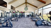 Located in Cypress, TX, this fitness center is designed to inspire and support a well-rounded workout routine. The space is immediately distinguished by its dramatic vaulted ceiling with exposed wood beam accents, creating an open and airy atmosphere that feels far more spacious than a typical gym. A large ceiling fan anchors the apex of the roofline, complemented by recessed lighting throughout.

The room is outfitted with a comprehensive selection of equipment to accommodate both cardio and strength training. Treadmills and an elliptical machine are positioned along the large floor-to-ceiling windows, offering motivating views of the surrounding greenery and neighborhood. An additional cable and weight machine, along with adjustable benches, provide versatile strength training options.

On the opposite side of the room, multi-tiered storage racks hold an extensive collection of medicine balls, kettlebells, and dumbbells in varying weights. A wall of mirrors amplifies the sense of space and allows for proper form checks during workouts. The herringbone-patterned carpet tiles provide a durable, cushioned surface underfoot.

Natural light pours in from multiple window walls on two sides of the room, keeping the space bright and connected to the outdoors. A decorative Celtic-knot emblem adorns the wall, adding a distinctive branded touch to the overall design.