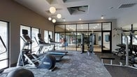 This contemporary fitness center offers a thoughtfully designed workout environment suited for a wide range of exercise routines. The open layout accommodates an impressive array of commercial-grade cardio equipment, including treadmills and elliptical machines by Precor, positioned to take advantage of natural light streaming in through large windows. Overhead, a combination of stylish globe pendant lights, recessed lighting, and an exposed ceiling fan creates a well-lit and comfortable atmosphere throughout.

A standout architectural feature is the sleek, floor-to-ceiling glass partition wall with black metal framing, which separates the main cardio area from a dedicated strength and functional training studio. This enclosed studio houses additional equipment, including a cable and pulley system, and is lined with mirrors to maximize the sense of space and support proper form during workouts. The mirrored walls further enhance the open, airy feel of the entire facility.

The flooring features a patterned, durable carpet in the main area, providing both comfort and visual interest underfoot. The overall ambiance is modern and motivating, with clean lines, neutral tones, and high-quality finishes that reflect a premium fitness experience. A wall-mounted flat-screen television adds a convenient entertainment option for those engaging in extended cardio sessions.