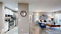 This single-floor residence in Asheville, North Carolina, offers a thoughtfully designed layout that balances comfort and modern style throughout. Wood-look flooring flows consistently across the living spaces, complementing a neutral color palette accented by soft blue tones in select rooms.

The open living area connects seamlessly to the rest of the home, featuring large sliding glass doors dressed with sheer and patterned drapes that invite abundant natural light and provide access to a private outdoor space. A dedicated dining nook features a calming blue accent wall, creating an intimate setting for meals.

The kitchen is well-equipped with stainless steel appliances, granite countertops, white cabinetry, a subway tile backsplash, and direct access to an in-unit laundry area with overhead cabinetry and washer/dryer hookups.

Both bedrooms are generously sized with large windows that fill each room with natural light. The primary bedroom features a blue accent wall and a wood-panel headboard wall, adding a stylish focal point. Each bathroom includes granite-topped white vanities, oversized mirrors, and wood-look flooring, providing a clean, contemporary finish throughout.