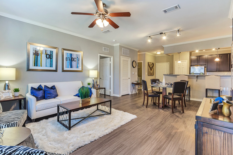 Large Living Room with open concept kitchen and ceiling fan and hard wood floors - Aspire Mckinney Ranch