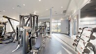 This expansive fitness center offers a comprehensive, professionally appointed workout facility across a single open floor. The space is designed with a clean, modern aesthetic, featuring white walls, structural columns, and a recessed ceiling with abundant can lighting that keeps the environment bright and energizing. Durable speckled rubber flooring provides both safety and comfort throughout the workout area. Floor-to-ceiling windows with cross-brace detailing line multiple walls, flooding the interior with natural light and offering views of a resort-style outdoor pool and surrounding grounds. The fitness floor is thoughtfully divided into distinct training zones. A dedicated cardio section houses a row of stationary bikes with monitor screens, elliptical trainers, stair climbers, and treadmills, all positioned along the expansive window wall. The strength training zone features a full array of Hoist cable machines and multi-use weight stations, along with free weights and a squat rack. A functional training area includes balance tools, stability balls, resistance equipment, and wall-mounted storage racks. Full-length mirrors enhance the sense of space and allow for proper form monitoring. The overall ambiance is open, light-filled, and well-organized, providing a complete fitness experience.