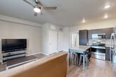 Located at 2327 Erie Dr in Ann Arbor, Michigan, this one-bedroom, one-bathroom unit offers a well-organized, efficiently designed layout across a single floor. The open-concept kitchen and living area serves as the heart of the home, featuring warm hardwood-style flooring, neutral wall tones, and a ceiling fan that enhances airflow and comfort. The kitchen is outfitted with rich dark-wood cabinetry, granite countertops, a full suite of stainless steel appliances including a range, microwave, dishwasher, and refrigerator, and a movable island with seating — ideal for casual dining or meal prep. The living area provides a comfortable, open space with a window that brings in natural light and neighborhood views. The bedroom is carpeted for added comfort, features its own window with exterior views, and is accompanied by a dedicated closet for storage. The bathroom includes a floating granite-topped vanity, a well-lit mirror, and a walk-in shower. Additional conveniences include an in-unit laundry area, recessed lighting throughout, and clean, modern finishes that give the space a cohesive and contemporary feel.