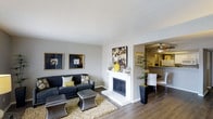 This single-story space in Arlington offers a well-appointed interior with a thoughtful layout that balances comfort and functionality. The living area serves as the central gathering space, highlighted by a white-mantled fireplace that anchors the room and adds a classic focal point. Hardwood-style flooring runs throughout, lending warmth and a clean, cohesive aesthetic to the space.

The living area is generously proportioned, providing ample room for seating arrangements, and is accented by neutral grey walls that create a versatile backdrop. Framed artwork adorns the walls, contributing to a polished, curated atmosphere. The space transitions openly into the dining area, which features a ceiling fan and white dining chairs, maintaining a bright and airy feel. A partial view into the kitchen suggests a connected, functional layout ideal for everyday living and entertaining.

Natural greenery in the form of potted plants adds life and texture to the space. The overall ambiance is modern yet inviting, with a neutral color palette punctuated by yellow and dark accent tones that add visual interest throughout.