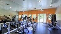 This fitness center is designed to support a comprehensive workout experience within a single-floor layout. The space is outfitted with a row of elliptical machines and additional cardio equipment, providing ample options for aerobic exercise. Full-length mirrors line one wall, enhancing the sense of openness while allowing users to monitor their form during workouts. The bold orange accent walls add energy and vibrancy to the environment, complementing the dark rubberized flooring that offers both durability and comfort underfoot. Recessed lighting throughout the ceiling ensures consistent, well-distributed illumination, while a ceiling fan promotes air circulation during intense sessions. Large windows and French doors along the far wall invite generous natural light and offer views of lush outdoor greenery, creating a refreshing connection to the outdoors. The French doors also provide convenient access to the exterior, enhancing ventilation and ease of entry. Weight benches and additional strength training equipment round out the facility, making this a versatile space suited for a variety of fitness routines. The overall ambiance is bright, motivating, and functional.