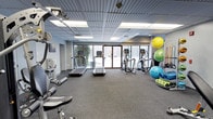 Located at 701 Harrison Street in Allentown, Pennsylvania, this fitness center offers a well-equipped, single-floor exercise facility designed to support a variety of workout routines. The space features a clean, modern aesthetic with a corrugated metal ceiling fitted with recessed and panel lighting that ensures bright, even illumination throughout. Large floor-to-ceiling windows along the far wall flood the room with natural light and provide open views to the outdoors, creating an energizing atmosphere for exercise. The flooring consists of durable, commercial-grade carpet suitable for high-traffic fitness use. The cardio section is well-stocked with multiple treadmills and elliptical machines, all equipped with individual display screens. A dedicated rack holds an assortment of stability and medicine balls in various sizes, alongside rolled exercise mats, offering ample options for stretching and core training. Additional strength and cardio equipment lines the perimeter of the room, making efficient use of the available floor space. The layout is open and uncluttered, allowing for comfortable movement between stations. With its combination of natural light, modern equipment, and functional design, this fitness center provides a professional and motivating environment for users of all fitness levels.