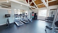 This fitness center is designed to support a well-rounded workout experience within a thoughtfully crafted architectural space. The room's most striking feature is its vaulted ceiling, which showcases exposed white structural beams set against warm natural wood planking, giving the space an open, airy character. Track lighting runs along the beams, supplementing the generous natural light that pours in through large windows along the walls, one of which offers a view of an outdoor area.

The flooring consists of durable dark rubber matting, ideal for high-traffic exercise use. Along one wall, full-length mirrors visually expand the space and allow users to monitor their form during workouts. Cardio equipment, including multiple treadmills and an elliptical trainer, is arranged neatly along the mirrored wall. A ceiling fan provides additional air circulation throughout the room.

Along the far wall, a rack of medicine and stability balls in varying sizes offers options for functional fitness and core training. Additional equipment, including what appears to be a stationary cycle, rounds out the workout offerings. The overall ambiance is clean, bright, and motivating, combining practical fitness amenities with an inviting, well-maintained environment.