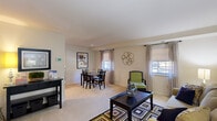 This single-floor, one-bedroom, one-bathroom residence offers a thoughtfully organized layout that maximizes every square foot of its compact footprint. The open living and dining area forms the heart of the home, featuring plush wall-to-wall carpeting, neutral-toned walls, and multiple windows that allow natural light to fill the space. The living area provides ample room for a full seating arrangement, while the adjacent dining space accommodates a table and chairs, making it well-suited for both everyday living and entertaining. A dedicated closet off the living area adds convenient storage. The kitchen is efficiently designed with warm oak cabinetry, a gas range, stainless steel refrigerator, and a single-basin sink, all set on easy-to-maintain tile flooring. The bedroom is a comfortably sized retreat featuring soft carpeting, windows with views to the outside, and room for a full bedroom suite. The full bathroom includes a tub-shower combination, a single-sink vanity with wood cabinetry, a large mirror, and classic white tile flooring. Throughout the residence, the consistent use of neutral tones and natural light creates a clean, inviting ambiance suited for comfortable everyday living.