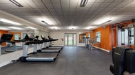 Located at 550 S DuPont Parkway in New Castle, Delaware, this fitness center is a purpose-built, single-floor exercise facility designed to support a comprehensive workout routine. The space is defined by bold orange accent walls that energize the environment, contrasting with neutral gray tones on the remaining walls and a dark rubber-tile floor that provides both durability and traction underfoot. A drop tile ceiling with recessed fluorescent lighting ensures the room is consistently and evenly lit throughout.

The cardio zone features a row of Life Fitness treadmills aligned along one wall, offering users a dedicated space for endurance training. Complementing these are multiple elliptical cross-trainers, providing low-impact cardiovascular options. The strength training area is outfitted with a multi-station cable and weight machine setup, along with a flat workout bench, catering to a variety of resistance exercises.

Full-length mirrors span key sections of the walls, enhancing the sense of openness and allowing users to monitor their form during workouts. Multiple windows flood the space with natural light and offer views of the surrounding greenery outside. A set of glass-panel double doors provides direct outdoor access, further connecting the interior to the outside environment. The overall layout is open and uncluttered, allowing for ease of movement between equipment zones.