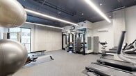 Located at 18004 Midvale Ave in Shoreline, Washington, this fitness center delivers a well-appointed, single-floor workout facility with a thoughtfully designed industrial-contemporary aesthetic. The space features an exposed dark ceiling with visible ductwork and bold linear LED lighting that runs the length of the room, creating a sleek, energetic atmosphere complemented by durable rubber flooring throughout.

The gym is comprehensively equipped for a wide range of training styles. A dedicated free weights area houses a full rack of dumbbells, kettlebells, medicine balls, and a BOSU balance trainer, alongside a heavy punching bag and weight bench. Mirrored wall panels expand the sense of space and allow for proper form monitoring during workouts. The cardio zone features multiple Spirit-brand treadmills and stationary bikes, as well as an elliptical trainer and rowing machine. A cable machine and additional functional training equipment round out the strength training options.

A standout feature is a vibrant, large-scale athletic mural adorning one wall, depicting runners in a colorful geometric style that energizes the space. Exposed concrete accent walls add an industrial texture, while a wall-mounted split AC unit ensures climate control. Large windows and a glass door provide views of an adjacent outdoor area, bringing in natural light and a connection to the outdoors.