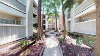 This inviting courtyard serves as a central outdoor gathering space surrounded by multi-story residential buildings constructed with a combination of brick and light-colored siding. Towering mature trees rise prominently throughout the courtyard, providing generous shade and a natural canopy that softens the urban environment. A smooth concrete pathway winds through the space, guiding visitors from one end to the other with gentle curves and intersecting routes that encourage leisurely strolls. Flanking the walkway are well-defined garden beds edged with brick borders and filled with red lava rock mulch, featuring a variety of low-growing plants and ornamental greenery that add texture and visual interest. Oval and circular planting islands are strategically placed along the path, further enhancing the landscaped character of the space. The surrounding buildings feature balconies at each level, offering residents direct views into the courtyard below, while ground-level stairwells with metal railings provide accessible connections between floors. The overall ambiance is tranquil and green, offering a peaceful retreat with a strong sense of community and natural charm.