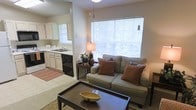 This single-floor space offers a seamlessly connected layout, with the living area and kitchen flowing naturally into one another. The living room is a comfortable and well-lit space, anchored by a large window dressed with white horizontal blinds that allows abundant natural light to pour in, highlighting the neutral, warm tones throughout. A plush sofa with accent pillows in earthy terracotta hues sits opposite a dark wood coffee table, creating an inviting and functional seating arrangement. A table lamp and decorative plant add warmth to the space, enhancing its approachable aesthetic. Light-toned carpeting and tile flooring define the transition between zones. The adjacent kitchen is visible from the living area and features white cabinetry, a double basin sink, and black appliances, giving it a clean, classic look. A window above the kitchen sink brings in additional natural light. The interplay of light tones across both spaces, combined with the open sightlines, creates a cohesive and airy feel throughout the home.