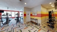 This fitness center makes a bold visual statement with its signature horizontal stripe pattern painted across the walls in shades of red, orange, and yellow, creating an energetic atmosphere throughout the space. A colorful geometric-patterned carpet in complementary tones covers the floor, tying the design together cohesively.

The cardio zone is well-appointed with multiple treadmills, elliptical machines, and a stationary bike, all positioned near a bank of windows that allow natural light to filter in and provide views of the surrounding greenery. A ceiling fan overhead ensures comfortable airflow during workouts.

The strength training area is thoroughly equipped with a full rack of dumbbells in graduated sizes, medicine balls on a dedicated rack, stability balls, and an adjustable workout bench. A wall-mounted flat-screen television is positioned for easy viewing throughout the space, and large mirrors help visually expand the room while allowing users to monitor their form.

A small entry area features a console table stocked with sanitizing supplies and informational materials. Recessed lighting illuminates the space evenly, and multiple access doors provide convenient entry and exit points, making this a fully functional and visually dynamic fitness facility.