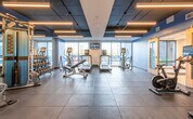 This contemporary fitness center is thoughtfully designed to support a full range of workout routines. The main exercise area features large-format tile flooring and is anchored by a comprehensive selection of cardio equipment, including treadmills, elliptical machines, and stationary bikes, each equipped with individual screens for entertainment. A dedicated free weights section offers a full dumbbell rack alongside an adjustable weight bench and a multi-function cable machine, catering to strength training needs. Floor-to-ceiling mirrors line portions of the walls, enhancing the sense of space and allowing users to monitor their form. A separate cycling studio accommodates multiple Peloton-style spin bikes, each with its own display screen, and is complemented by built-in cubby storage along one wall. Throughout the space, bold blue accent walls contrast with crisp white ceilings, while linear LED lighting provides bright, even illumination. Large windows and glass doors flood the interior with natural light and offer views of an adjacent outdoor patio area, creating an energizing atmosphere. The entrance features light hardwood flooring, a ballet barre with a mirrored wall, and direct glass-door access to the exterior courtyard, seamlessly connecting indoor and outdoor spaces.