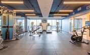 This contemporary fitness center is thoughtfully designed to support a full range of workout routines. The main exercise area features large-format tile flooring and is anchored by a comprehensive selection of cardio equipment, including treadmills, elliptical machines, and stationary bikes, each equipped with individual screens for entertainment. A dedicated free weights section offers a full dumbbell rack alongside an adjustable weight bench and a multi-function cable machine, catering to strength training needs. Floor-to-ceiling mirrors line portions of the walls, enhancing the sense of space and allowing users to monitor their form. A separate cycling studio accommodates multiple Peloton-style spin bikes, each with its own display screen, and is complemented by built-in cubby storage along one wall. Throughout the space, bold blue accent walls contrast with crisp white ceilings, while linear LED lighting provides bright, even illumination. Large windows and glass doors flood the interior with natural light and offer views of an adjacent outdoor patio area, creating an energizing atmosphere. The entrance features light hardwood flooring, a ballet barre with a mirrored wall, and direct glass-door access to the exterior courtyard, seamlessly connecting indoor and outdoor spaces.