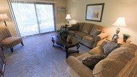 This single-floor living space centers around a well-appointed living room designed for comfort and functionality. The room is anchored by a coordinated seating arrangement, featuring a generously sized sofa and a matching armchair, both upholstered in a warm, textured fabric and dressed with decorative accent pillows. A ornate dark-wood coffee table serves as a focal point, displaying tasteful décor including a globe accent piece and a lush potted plant that adds a touch of greenery to the interior.

Soft, neutral-toned wall-to-wall carpeting extends throughout the space, contributing to its warm and inviting ambiance. A large sliding glass door along one wall floods the room with natural light and provides direct views of a lush, tree-lined outdoor area, with vertical blinds offering flexible light control. An in-wall air conditioning unit positioned near the sliding door ensures climate comfort year-round.

The walls are kept in a muted, neutral tone, complemented by framed wall art that adds a refined decorative touch. A classic table lamp provides warm ambient lighting, rounding out the comfortable and welcoming character of this living space.