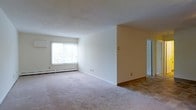 This single-floor space presents a clean, open living area finished in neutral tones throughout. The main room features wall-to-wall carpet in a warm beige hue, contributing to a comfortable and understated atmosphere. A large window along one wall allows natural light to fill the space, creating a bright and airy feel. Below the window, a baseboard heating unit runs the length of the wall, providing efficient climate control. The walls are painted in a soft, light cream tone that complements the flooring and enhances the sense of openness. A partial wall divides the main living area from an adjoining space, which transitions to hard surface flooring — likely tile or laminate — and leads toward what appears to be an additional room or hallway visible through a doorway. The layout is straightforward and functional, with clean lines and minimal architectural detailing. The overall ambiance is calm and neutral, offering a versatile blank canvas well-suited to a variety of interior arrangements and personal styles.