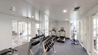 This fitness center offers a clean, modern environment designed to support a well-rounded workout routine. The space features a bright, white interior with recessed lighting and a neutral grey flooring that gives the room a polished, professional feel. Floor-to-ceiling mirrors line one wall, visually expanding the space and allowing users to monitor their form during exercise.

Natural light floods the room through large windows and classic French doors, which open to an outdoor area and provide views of greenery beyond. This connection to the outdoors creates an airy, open atmosphere that enhances the overall workout experience.

The fitness center is equipped with a curated selection of cardio machines, including treadmills and stationary bikes, positioned to take advantage of the natural light and outdoor views. A dedicated free weights area features a well-organized dumbbell rack with a range of weights, catering to both beginner and experienced users.

The layout is thoughtfully arranged to allow comfortable movement between equipment. The combination of ample natural light, mirrored walls, and modern equipment makes this fitness center a functional and inviting space for daily exercise.