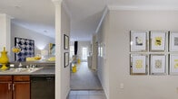 Located in Cary, NC, this thoughtfully designed 2-bedroom, 2-bathroom single-floor residence offers a comfortable and functional living experience. The open-concept kitchen and living area serves as the heart of the home, featuring rich dark wood cabinetry, dark granite countertops with a breakfast bar, and black appliances. Crown molding and neutral toned walls carry throughout, lending a cohesive and polished aesthetic. The living room is generously proportioned, with natural light filtering through large windows framed by floor-length drapes. Adjacent to the living area, the dining room provides a dedicated space for meals and is conveniently located near the in-unit laundry room, which includes a full-size washer and dryer. The spacious primary bedroom features plush carpeting, a ceiling fan, and access to a well-appointed bathroom and a large walk-in closet with full-length wire shelving. The second bedroom is equally comfortable, offering carpeted floors and a double-door closet. Both bathrooms are finished with tile flooring and warm cabinetry. A hallway connects the private spaces, and an outdoor patio extends the living area. Three closets throughout provide ample storage in this well-rounded Cary residence.