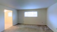 This single-floor space offers a clean, straightforward layout designed for functional living. The main room is finished with wall-to-wall neutral-toned carpeting that adds warmth underfoot, while the smooth, light-colored walls and white ceiling create a bright, open atmosphere throughout. A wide horizontal window serves as a key architectural feature, flooding the room with natural light and offering a view of the surrounding outdoor greenery. The window is fitted with horizontal blinds, allowing for adjustable light control and privacy. The room's simple, uncluttered design provides a versatile canvas that can accommodate a variety of furniture arrangements and uses. Standard electrical outlets are positioned along the walls, and the clean transitions between walls and flooring reflect a tidy, well-maintained finish. The overall ambiance of the space is calm and neutral, making it easily adaptable to personal style and functional needs. The abundance of natural light combined with the soft, muted color palette gives the space an airy, welcoming feel that is both practical and comfortable.