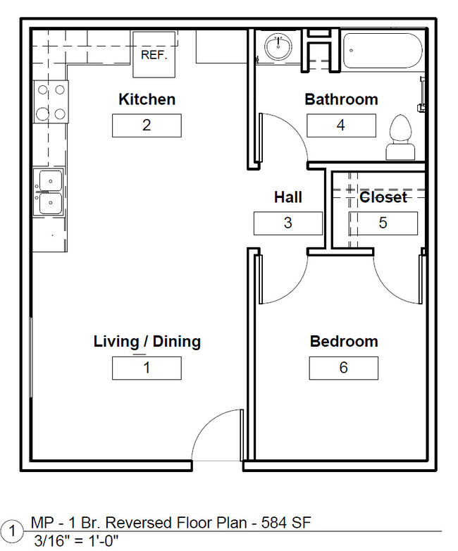 One Bedroom Reversed Floor Plan - Three Sisters Apts - Income Restrictions