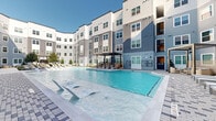 Located at 10850 Hammerly in Houston, Texas, this outdoor amenity space is thoughtfully designed around a central resort-style swimming pool that serves as the focal point of the courtyard. The multi-story building wraps around the space in a sweeping U-shaped configuration, finished in a contemporary palette of gray and white horizontal lap siding with vertical board accents, creating a cohesive and modern aesthetic.

The expansive pool deck is surfaced with light-toned concrete and decorative paver walkways featuring a geometric pattern, providing both visual interest and durable all-weather functionality. A generous row of lounge chairs lines the poolside, offering ample space for sunbathing beneath the open Texas sky. Water features at the pool's edge add a dynamic element to the serene setting.

Adjacent to the pool, a covered pergola structure provides shaded outdoor dining with a built-in grill station, making it an ideal space for social gatherings. Nearby seating areas feature stylish wicker chairs and contemporary furnishings arranged around curated garden beds planted with ornamental grasses, flowering shrubs, and young shade trees that add greenery and color throughout the courtyard.

Gated entry points with decorative metal fencing and paver pathways lead into the space, enhancing both security and curb appeal. The overall ambiance is bright, open, and resort-inspired, offering a welcoming outdoor retreat.