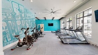 This fitness center is a thoughtfully designed, single-floor facility that combines contemporary aesthetics with a comprehensive array of workout equipment. The space makes an immediate visual impression through its striking teal accent wall and large-scale artistic mural, which together create an energetic and motivating atmosphere throughout the room.

Architecturally, the facility features elevated ceilings accented by exposed dark wood beams, recessed lighting, and an oversized industrial ceiling fan that contributes to both the visual character and airflow of the space. Natural light floods the interior through multiple large, black-framed windows, including arched floor-to-ceiling glass panels flanking the main entrance, offering views of the surrounding outdoor landscape.

The cardio zone is well-appointed with a row of treadmills, elliptical machines, and air resistance bikes, complemented by a wall-mounted flat-screen television for entertainment. The strength training area includes cable machines, a multi-function weight bench, stability balls, and a full rack of dumbbells positioned in front of a large wall mirror. Built-in shelving units provide organized storage for yoga mats and accessories, while a compact refrigeration unit adds a convenient amenity. Carpet tile flooring throughout provides comfort underfoot across all workout zones.