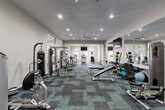 Located at 7777 Greenbriar Street in Houston, TX, this fitness center offers a generously proportioned, single-floor workout space designed to accommodate a comprehensive range of exercise needs. The open-plan layout is finished with stylish modular carpet tiles in a teal and charcoal pattern, lending the room a modern, energetic aesthetic.

The facility is divided into distinct functional zones. The cardio area features multiple treadmills, elliptical trainers, and a stationary bike, all positioned near large, grid-pane windows that fill the space with natural light and provide views of the surrounding outdoor areas. The strength training zone is well-appointed with cable machines, a multi-function rack, free weights, medicine balls, foam rollers, a punching bag, and adjustable benches, catering to both functional and traditional resistance training.

Full-length mirrors line one wall, enhancing the sense of openness and allowing users to monitor their form. Recessed lighting and large ceiling fans are distributed throughout, ensuring consistent illumination and comfortable airflow. Wall-mounted televisions are positioned at multiple points for entertainment during workouts. Interior grid-pane windows along one side offer views into an adjacent common area, adding a connected, community-oriented feel to the overall environment.