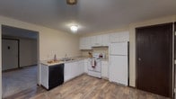 Located at 1541 Barnes Dr E in Columbus, Ohio, this three-floor residential unit offers a straightforward and practical layout across its levels. The kitchen is well-equipped with white cabinetry extending to the ceiling, laminate stone-style countertops, a double-basin sink, an electric range, a full-size refrigerator, and a black dishwasher. Wood-look vinyl flooring runs throughout the kitchen, giving it a clean and cohesive appearance. A staircase visible from the kitchen connects the floors, emphasizing the multi-level nature of the unit. The main living area features neutral-toned carpet, a front entry door with a nearby window that allows natural light to filter in, and access to additional rooms. The bedrooms are carpeted and finished with neutral walls, each featuring windows with blinds and closet access, offering comfortable, functional spaces. The bathroom includes a full tub-shower combo, a vanity with a granite-style countertop, and wood-look flooring. The lower level presents an open, unfinished basement space with painted concrete block walls, an exposed ceiling with visible ductwork and wiring, a painted concrete floor, and an electrical panel — ideal for storage or utility purposes.