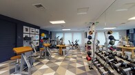 This fitness center offers a comprehensive workout environment designed with both functionality and aesthetic appeal in mind. The space is anchored by a bold navy blue accent wall adorned with a curated gallery of framed artwork and motivational signage, creating an energizing atmosphere for exercise. The floor features a striking geometric pattern in tones of tan, gold, and gray, adding a dynamic visual element throughout the room.

The facility is outfitted with a full range of cardio equipment, including treadmills, upright and recumbent stationary bikes, and elliptical machines. A dedicated strength training area features Life Fitness cable and resistance machines with distinctive amber-padded seating, accompanied by a flat utility bench. A rack of neatly organized dumbbells lines one wall alongside a medicine ball storage tower stocked with a variety of weighted balls in assorted sizes and colors.

Large windows along one wall allow ample natural light to fill the space, while a wall-mounted flat-screen television provides entertainment during workouts. Full-length mirrors visually expand the room and allow users to monitor their form. A charming round wooden accent table near the entrance adds a welcoming touch. Flush-panel lighting in the ceiling ensures consistent illumination throughout. An accessible restroom is conveniently located within the space, and French doors provide direct access to the outdoors.