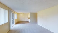 This single-floor space showcases an open-concept layout that seamlessly connects the living, dining, and kitchen areas. The main living area is finished with plush wall-to-wall carpeting in a neutral tone, providing a comfortable and cohesive foundation for the space. Transitioning toward the dining area and kitchen, the flooring shifts to a wood-style surface, adding a practical and visually distinct zone within the open floor plan.

A textured popcorn ceiling runs throughout, adding dimension overhead, while a ceiling fan with a light fixture is centrally positioned to provide both airflow and ambient lighting. Soft yellow-toned walls contribute a warm, inviting atmosphere throughout the space.

A large sliding glass door along one wall allows natural light to filter into the living area, creating a bright and airy feel. The kitchen, partially visible from the main area, features white cabinetry and is neatly separated by a partial dividing wall, offering a degree of distinction while maintaining the open flow of the overall layout. The space presents a clean, functional design suitable for everyday living.