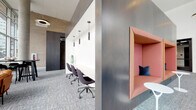 Located at 4109 E Tenth Ave in Denver's vibrant Park Hill neighborhood, this single-floor amenity lobby is a thoughtfully designed communal space that balances functionality with refined aesthetics. Floor-to-ceiling windows line one side of the lounge area, flooding the interior with natural light and offering open views of the surrounding Denver streetscape. Exposed concrete columns and a textured light brick accent wall add an industrial-modern character, grounding the space with architectural substance.

The lounge area features a warm cognac leather sofa paired with sage green accent tables, creating an inviting gathering spot. A built-in navy upholstered banquette with dark bistro tables and terracotta-toned chairs provides a cafe-style seating nook, ideal for casual meetings or relaxed conversation. Pendant lighting throughout adds a layered, intimate ambiance.

A dedicated co-working corridor includes a long communal desk with task chairs beneath sleek cylindrical pendant lights, while a charming pink alcove nook offers a more private retreat for focused work or quiet moments. Potted succulents and sculptural planters add organic warmth throughout.

A striking dark panel wall serves as a gallery feature, displaying bold, large-format artwork that reinforces the space's creative identity. The overall design is polished, welcoming, and distinctly contemporary.